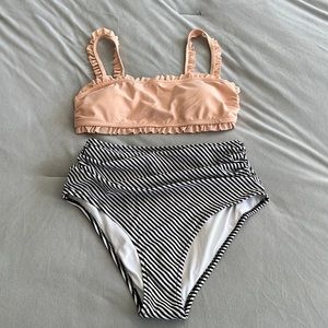 Cupshe pink and back & white stripe high waisted bikini